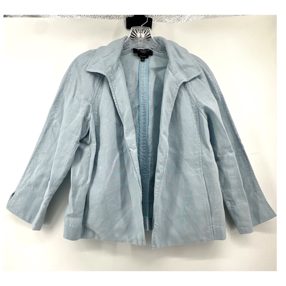 Talbots Petites Light Blue 100% Irish Linen Open Front Jacket Size M Petite